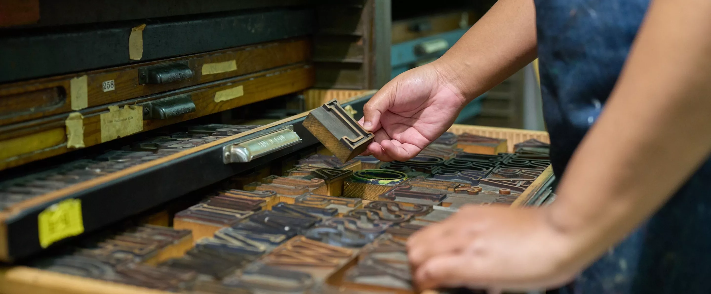 Close-up of moveable type blocks in the printmaking studio