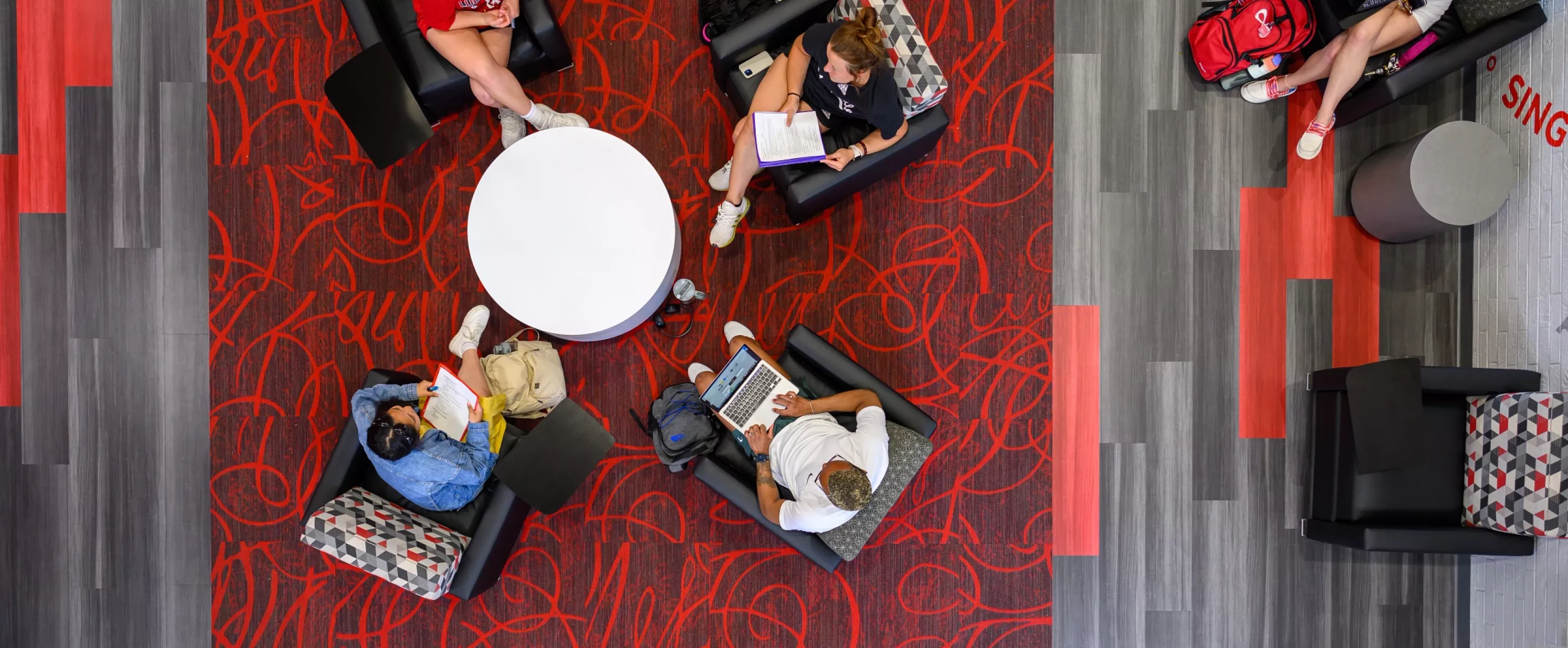 Aerial view of students in the Woodford R. & Harriet Porter Building.