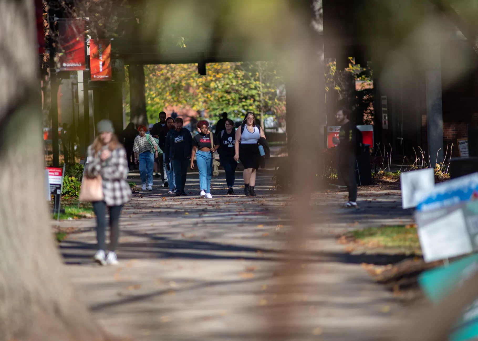 Large group of students walking through the quad on a warm fall day.