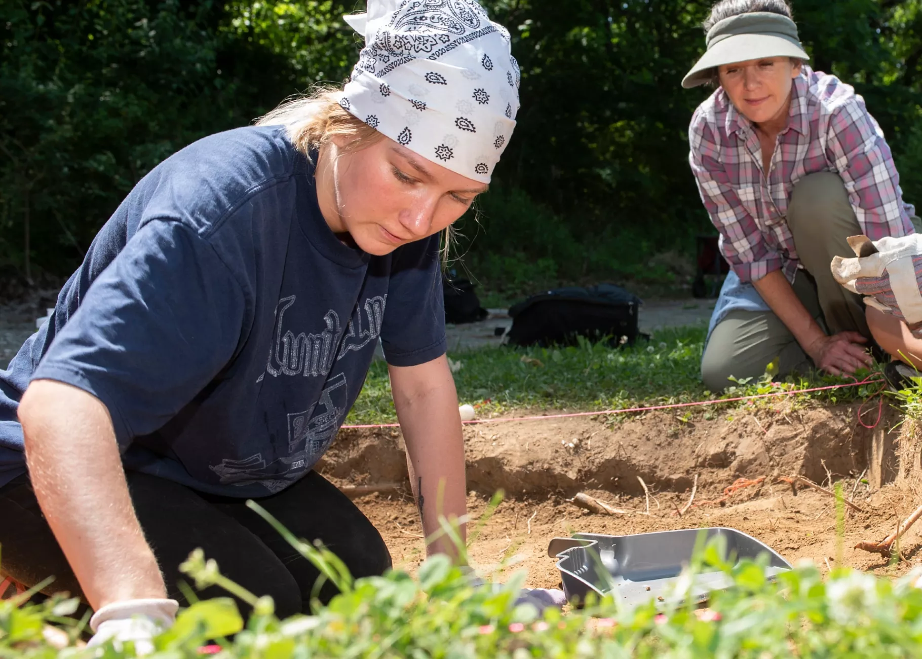 L-R, Shaylee Scott Teachers Asst. Ashley Smallwood Assoc Prof in Anthropology & Owen (grey cap) student at KSB work on the Archeology excavation at KSB