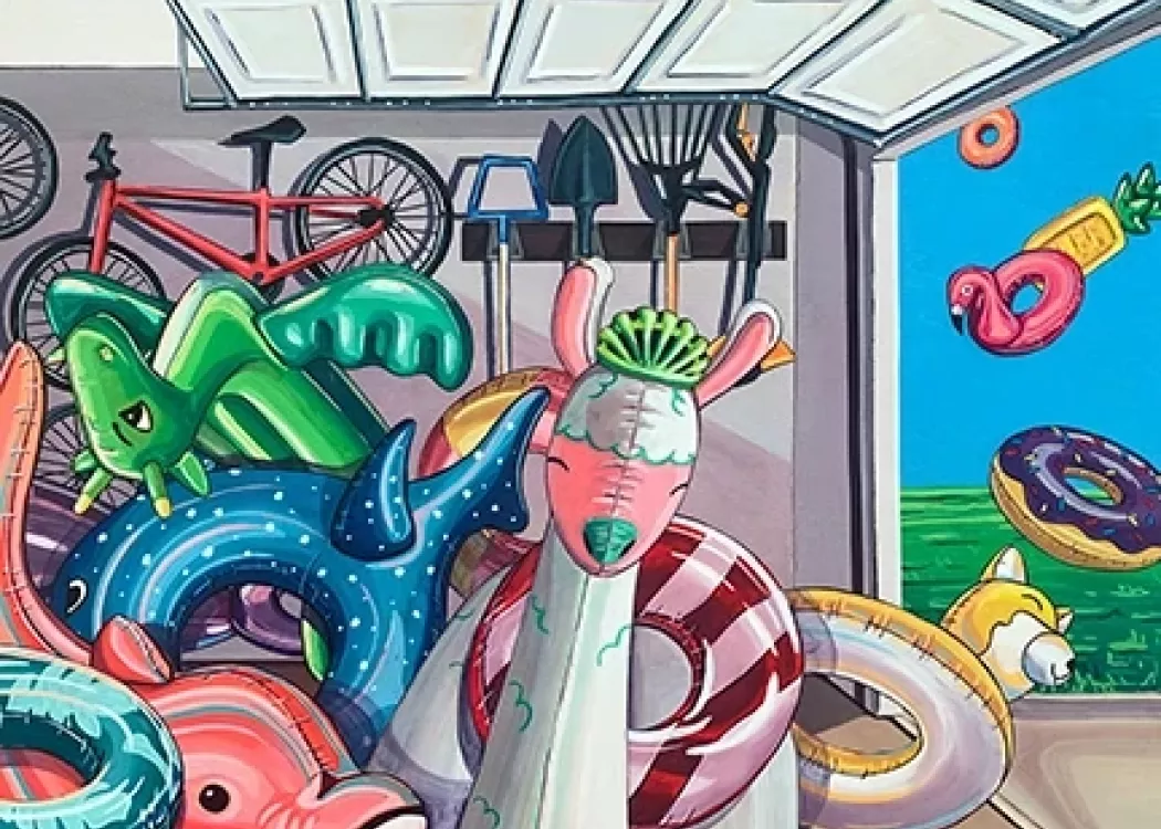 A garage full of pool inflatables that are flying away