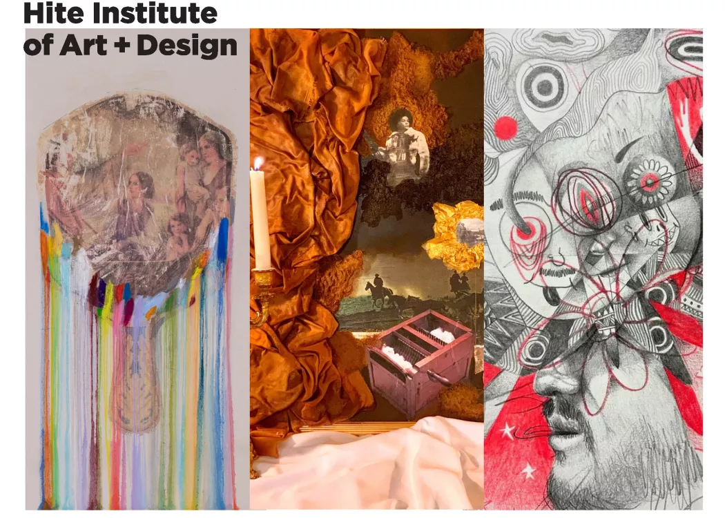 Three artworks vertically collaged. The leftmost art work pictures a family in a mirror with color bleeding out from the…