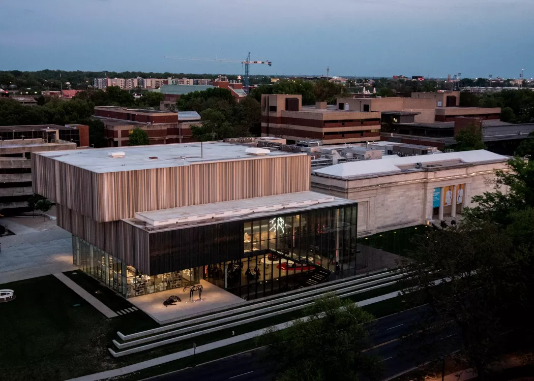 Aerial shot of Speed Art Museum at dusk